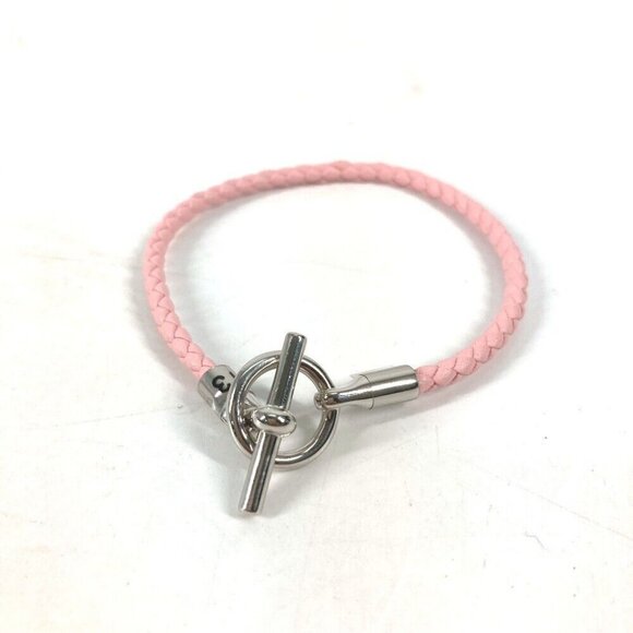 HERMES Braid Grenan Bangle Bracelet Leather pink/SilverHardware Unused - Picture 1 of 9